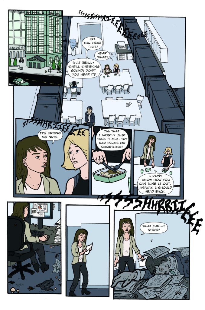 Coloured comic page of two female coworkers eating lunch in a large break room while discussing a strange shrieking noise heard at their office. One of the women returns to work and discovers a dead body, buried in paperwork, in a cubicle near her desk.