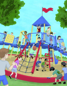 Colourful scene of 21 children playing on a jungle gym on a sunny day.