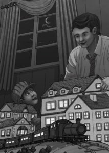Black and white illustration of father and son playing with a train set. The train is passing by four small model houses. It is night time and the boy is wearing a train conductor hat.