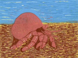 Reduction print of a pink hermit crab on a beach.