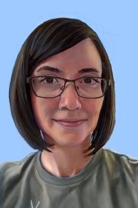 Digital self portrait of Steph Brennan. Depicts caucasian woman in her twenties with chin-length brown hair, brown glasses and a pale green shirt.