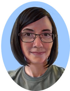 Digital self portrait of Steph Brennan. Depicts caucasian woman in her twenties with chin-length brown hair, brown glasses and a pale green shirt.