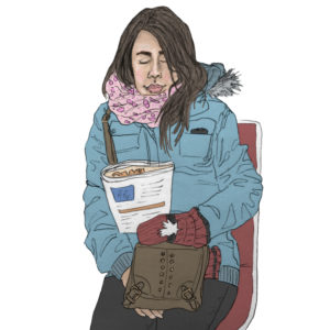 By Steph Brennan. Coloured sketch of woman riding the subway. Woman is reading a magazine and sitting on one of the red TTC seats. No background. Rendering done with pen and coloured in Photoshop.