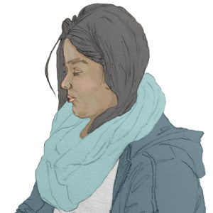 By Steph Brennan. Coloured sketch of a woman riding the subway. Woman is sleeping. No background. Rendering is done with pen and coloured in Photoshop.