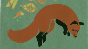 By Steph Brennan. Multi-layered silkscreen print of leaping fox with a design of leaves and flowers above it. Green background.