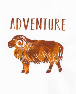 By Steph Brennan. Silkscreen print of the word "Adventure" with a ram. No background.
