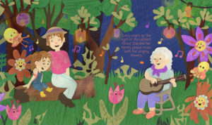 Scene of girl, mom and grandma singing in the garden by the forest at night. There are lanterns on the trees lighting the scene.