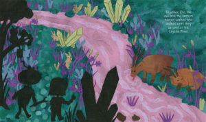Scene with silhouetted figures arriving at a magical pink river with green crystals growing along the riverbank. There are various animals also populating the scene, including two rabbits, a squirrel, snake, and some deer-like animals with pointed horns.