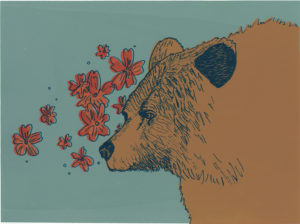 Silkscreen print of a brown bear. The print has a blue background and there are red flowers to the left of the bear's head.