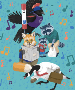 Traffic signal box with a fox, goose, red-winged blackbird, and two raccoons. The animals are anthropomorphized and waiting at a bus stop. There are music notes around the animals and the design background is blue.